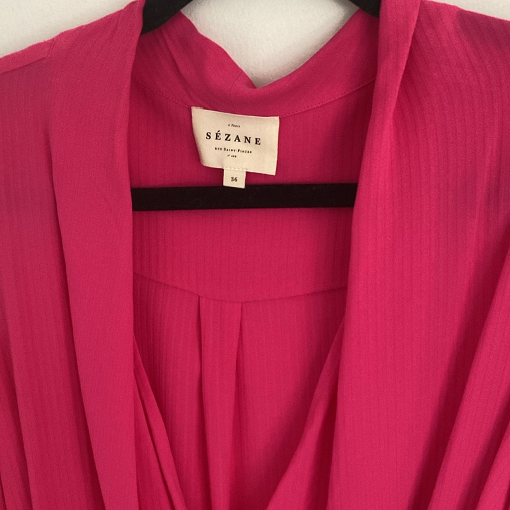 Sezane Vibrant Pink Draped V-Neck Blouse - Picture 3 of 4